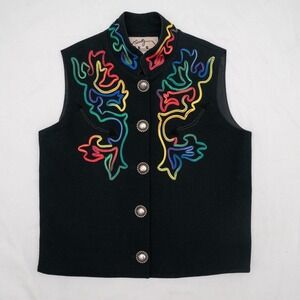 Vintage Black Skully Marsha Wright Rainbow Embroidered Vest‎ Medium Made in USA
